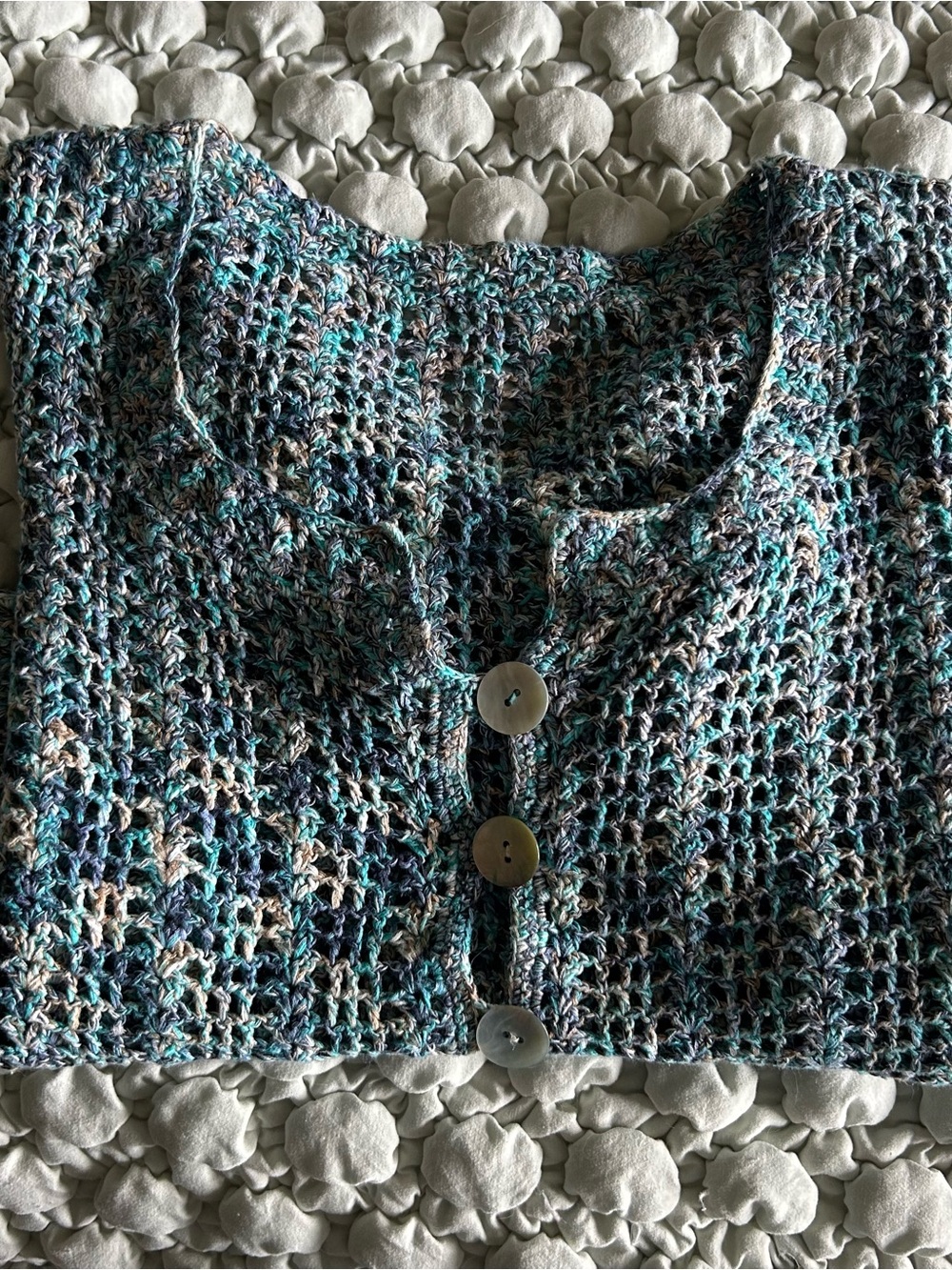 Lightweight Crocheted Button-Front Cardigan in Teal Multi - Picture 6 of 6